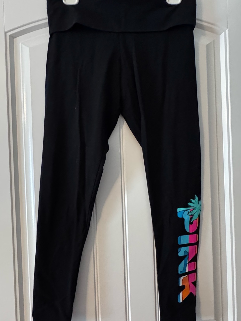 PINK Victoria's Secret Black Leggings with Multicolor Palm Logo